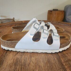 Birkenstock White  Leather Florida 3 Buckle Slide Sandals Womens 6 / EU 39